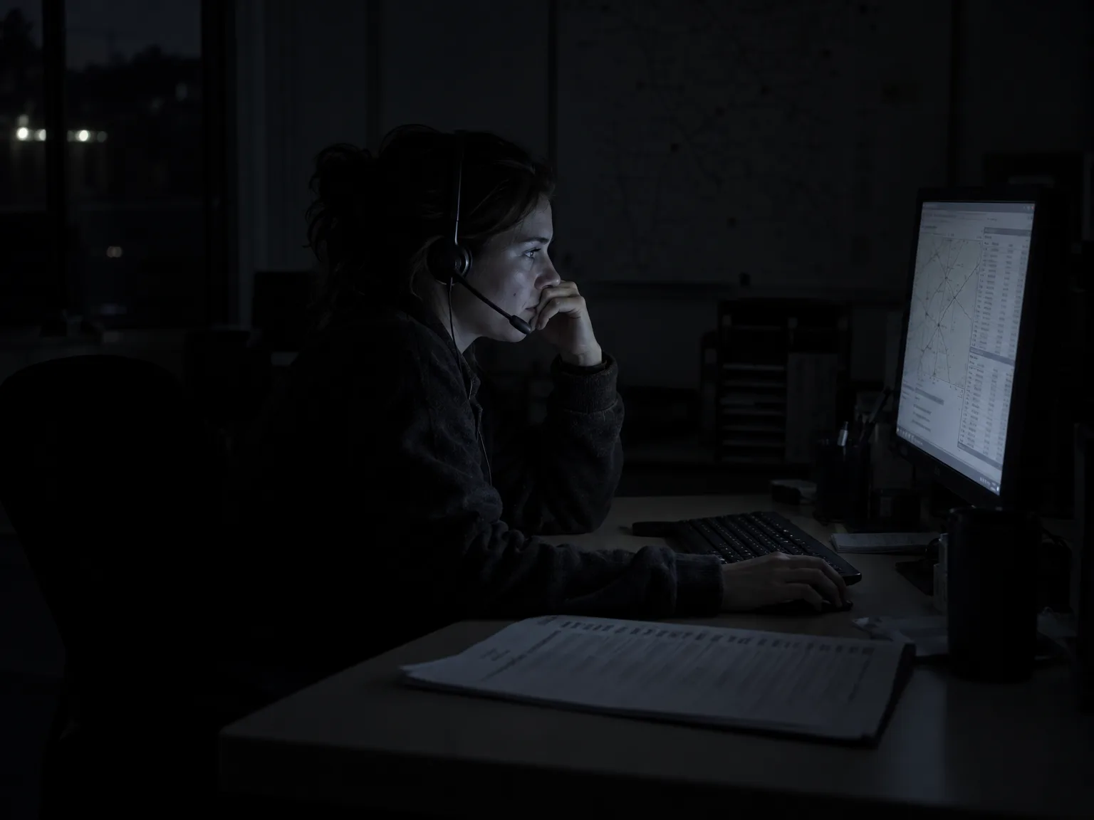 A coordinator at a desk at night with a headset and a printed route list beside the keyboard