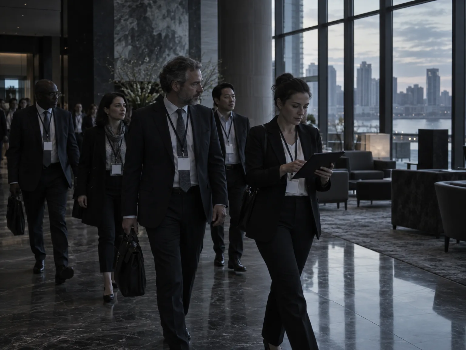 A conference delegation with lanyards crossing a dim hotel lobby while their organiser checks a list on a tablet